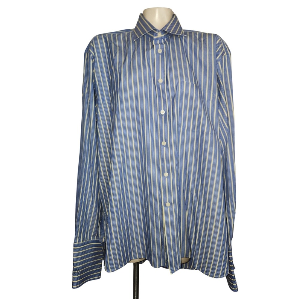 Charles Tyrwhitt Mens Blue Yellow Striped French Cuff Dress Shirt 17.5 38 luxury